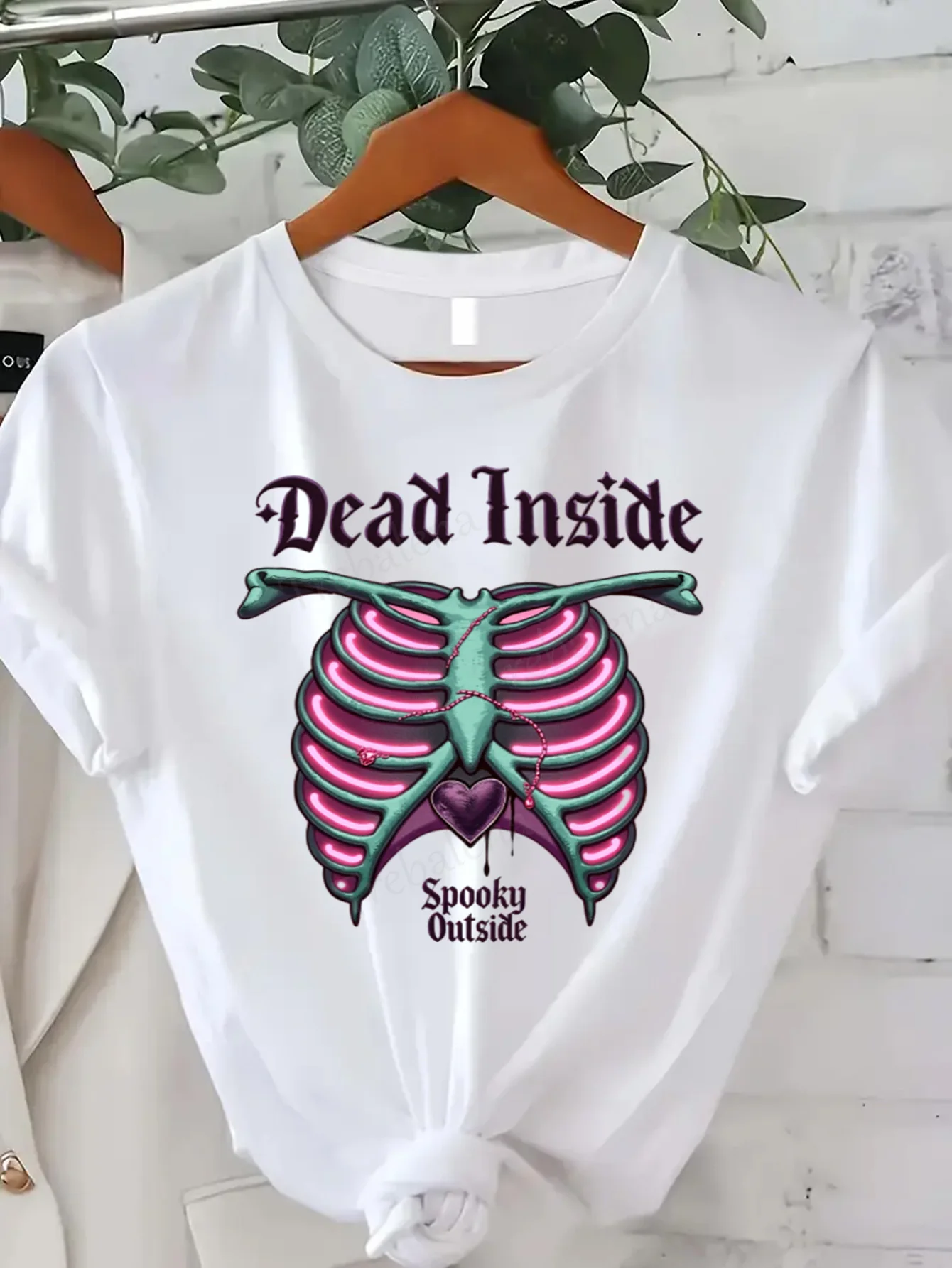 

Round Neck T-shirt Dead Inside Spooky Outside Gothic Rib Cage T-Shirt Women's Plus Size Short Sleeve Tee Fashion Casual Top