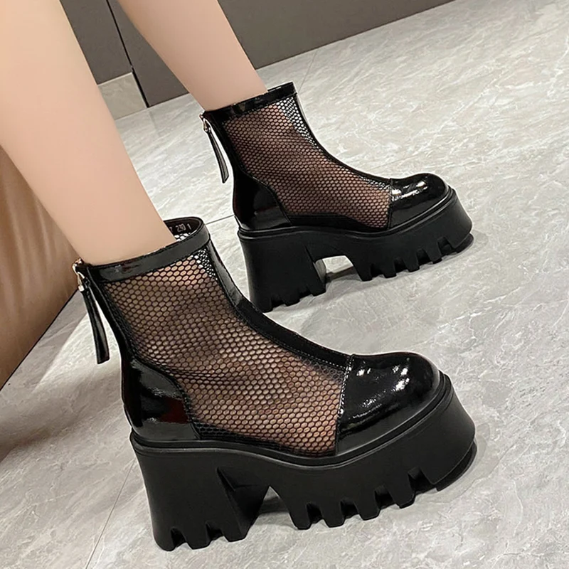 Black Gothic Style Platform Ankle Boots for Women Thick Bottom Breathable Summer Boots Woman 2023 Punk Chunky High Heels Booties