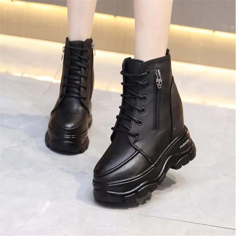 Woman Fashion Ankle Boots Winter New Platform Boots Women\'s Wedges Shoes 10cm High Leather Women Thick Sole Boots Round Toe