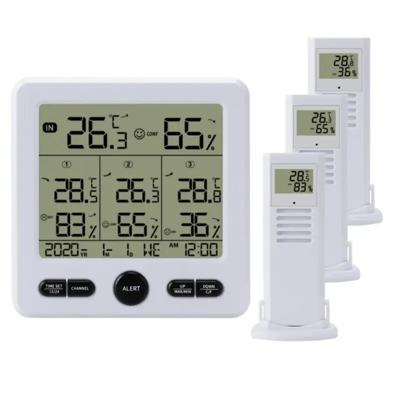 Weather Station Indoor/Outdoor Wireless Sensors Digital Thermometer Hygrometer LED LCD Display Thermometer With 3 Remote Sensors