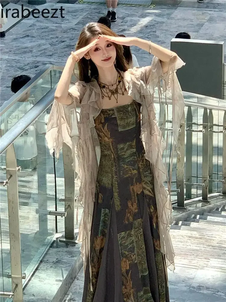 Chic Mesh Long Sleeve Cardigan Retro Chic Dress Two-piece Set Conjuntos Feminino Elegante Elegant 2piece Clothes Woman