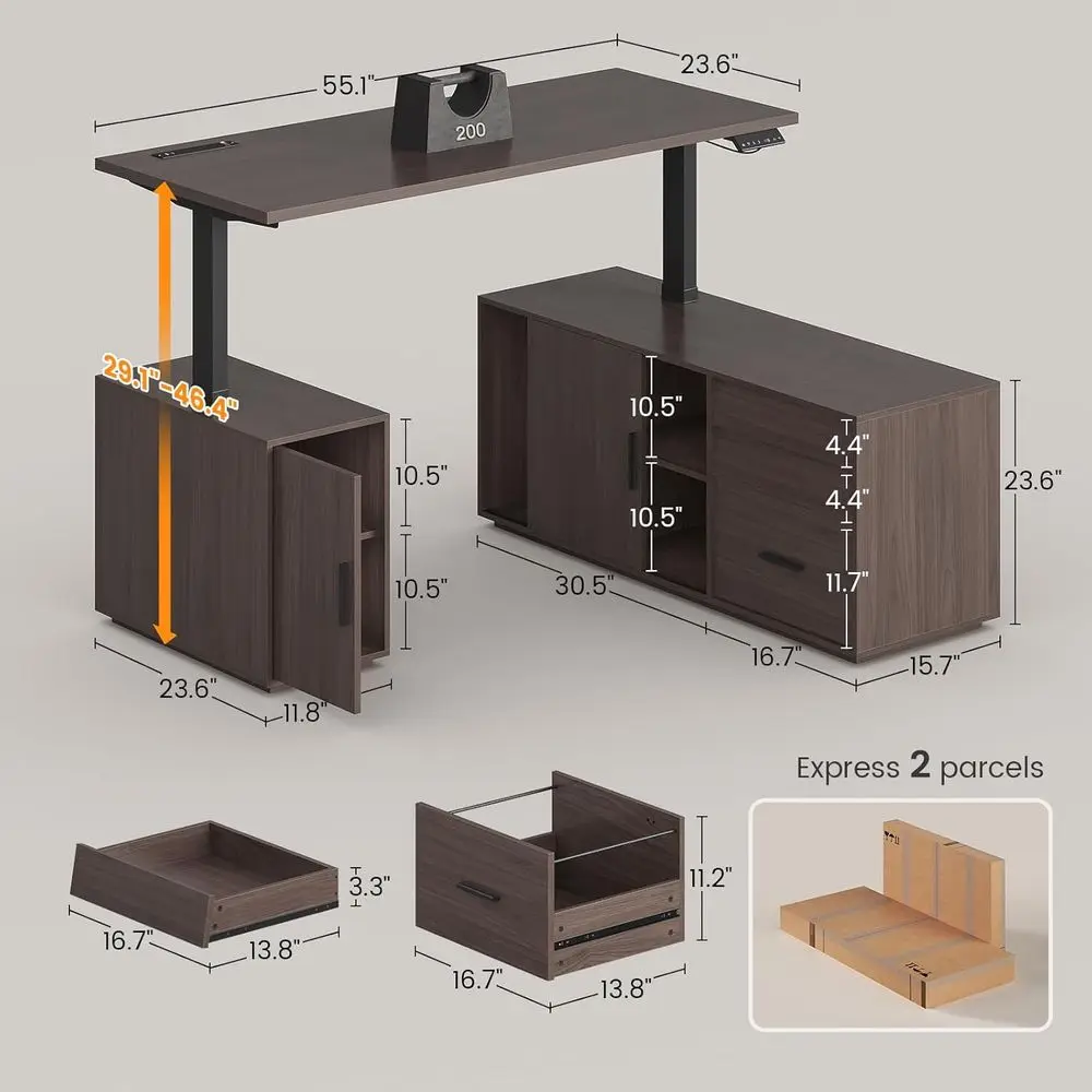 L-Shaped Electric Desk with 3 Drawers, Power Outlet, 55.1 x 47.2 Adjustable Height, Home Office Executive Desk with File Cabinet