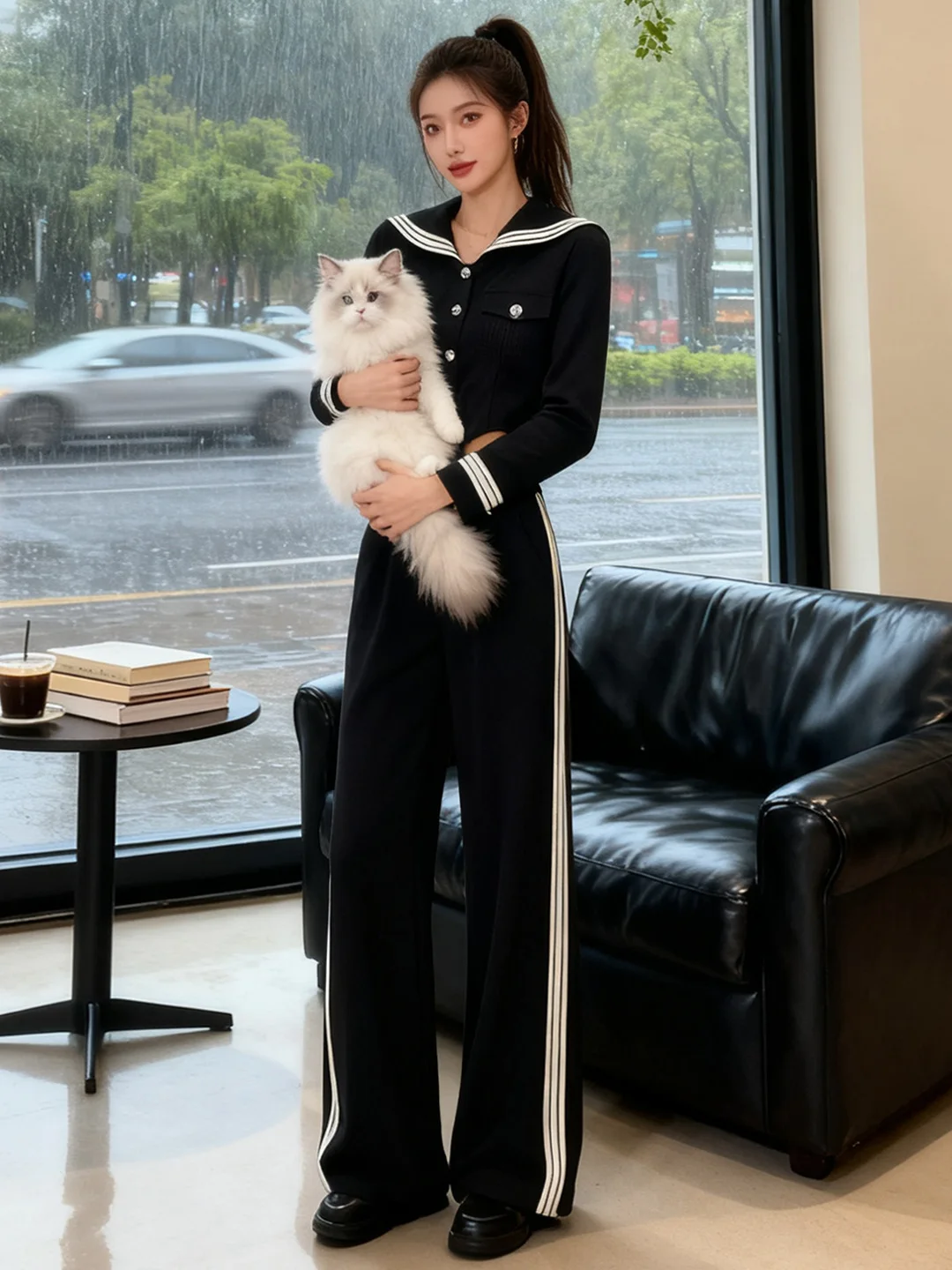 

Spring New Style Slimming Fashion Set Women's Anti-Aging College Style Navy Collar Wide Leg Pants Two Piece Set