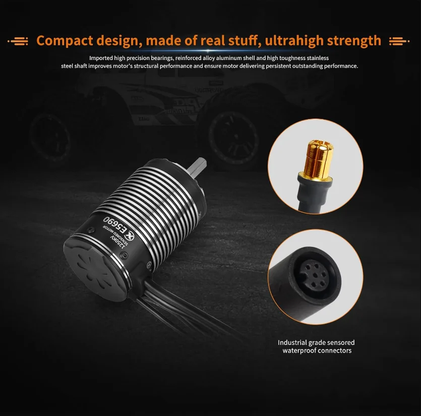 XC E5690 センサー付きブラシレスモーター RCカー用 3-8S Lipo 1250KV IP67 防水 1/6 ショートコース、モンスター、1/5 ライトデューティトラック用