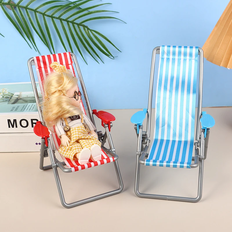 1/6 Dollhouse Mini Foldable Beach Chair Model Dollhouse Outdoor Casual Reclining Chair Dolls House Furniture Decoration