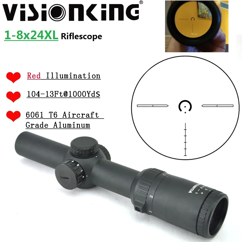 Visionking 1-8x24 Compact Long Eye Relief Riflescope Illuminated Metal Body Low Turret 1/10 MIL Adjust Optic Tactical Magnifier