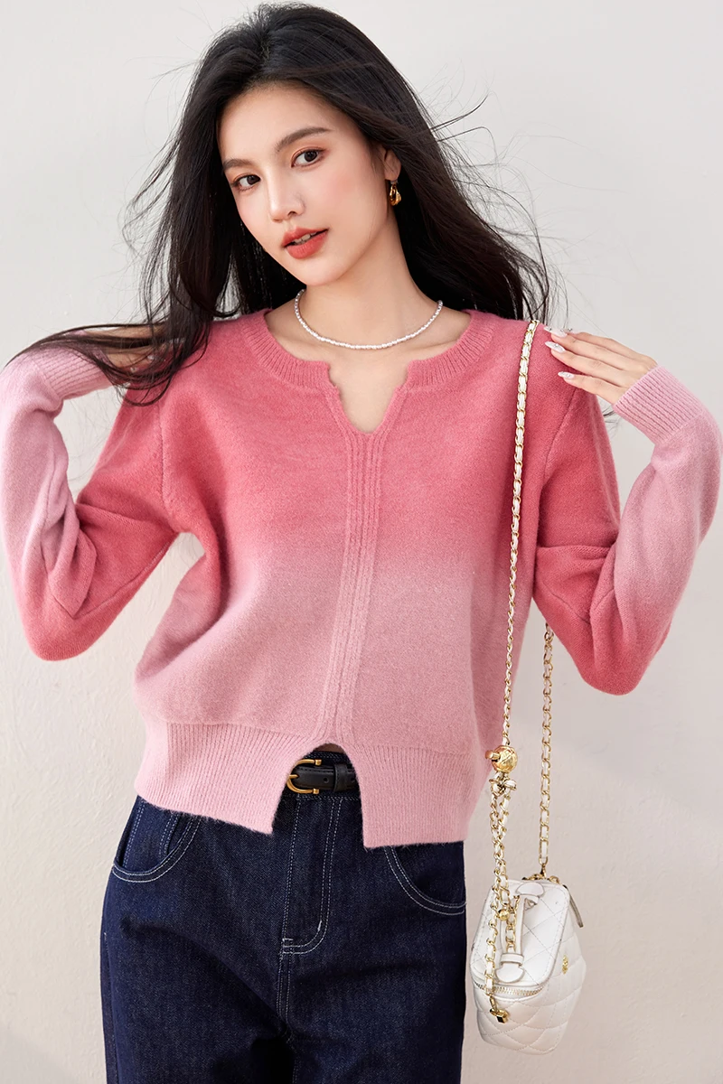 Lazy Style Pink Soft Knitted Casual Sweater New Autumn Winter Women V Neck Long Sleeve Thick Warm Tie Dye Pullover Tops