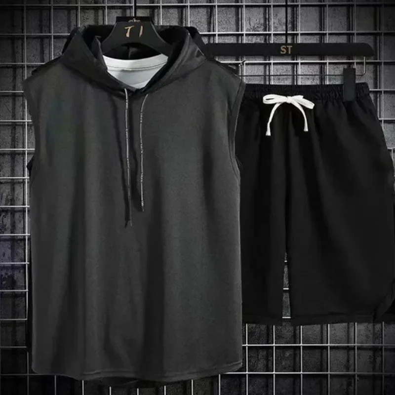 2024 New Men\'s Oversized Tracksuit Set Sleeveless Hood T Shirts Shorts Pants Sports Vest 2 Piece Suits Summer Gym Workout Hoodie