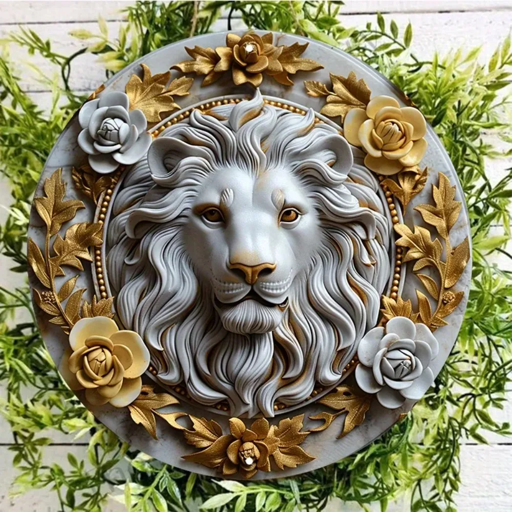 Waterproof HD Printed Aluminum Lion Head Decor, Wall Art with Pre-drilled Holes, Round Metal Sign, Door Hanger or Wreath Accent