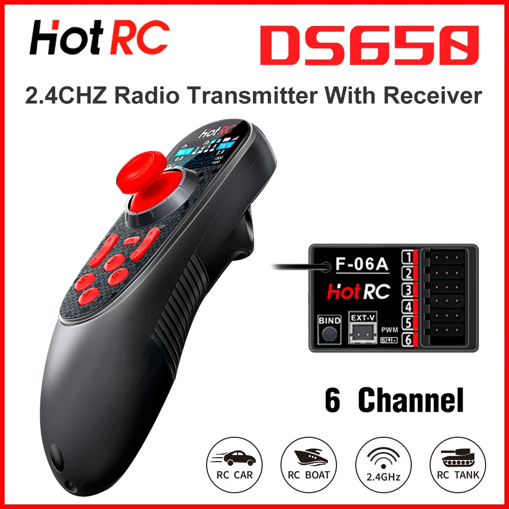 HOTRC DS650 Radio Transmitter 6Channels 300M 2.4CHZ Remote Controller Built-in 1500mAh With F-06A Receiver For RC Car Boat Robot