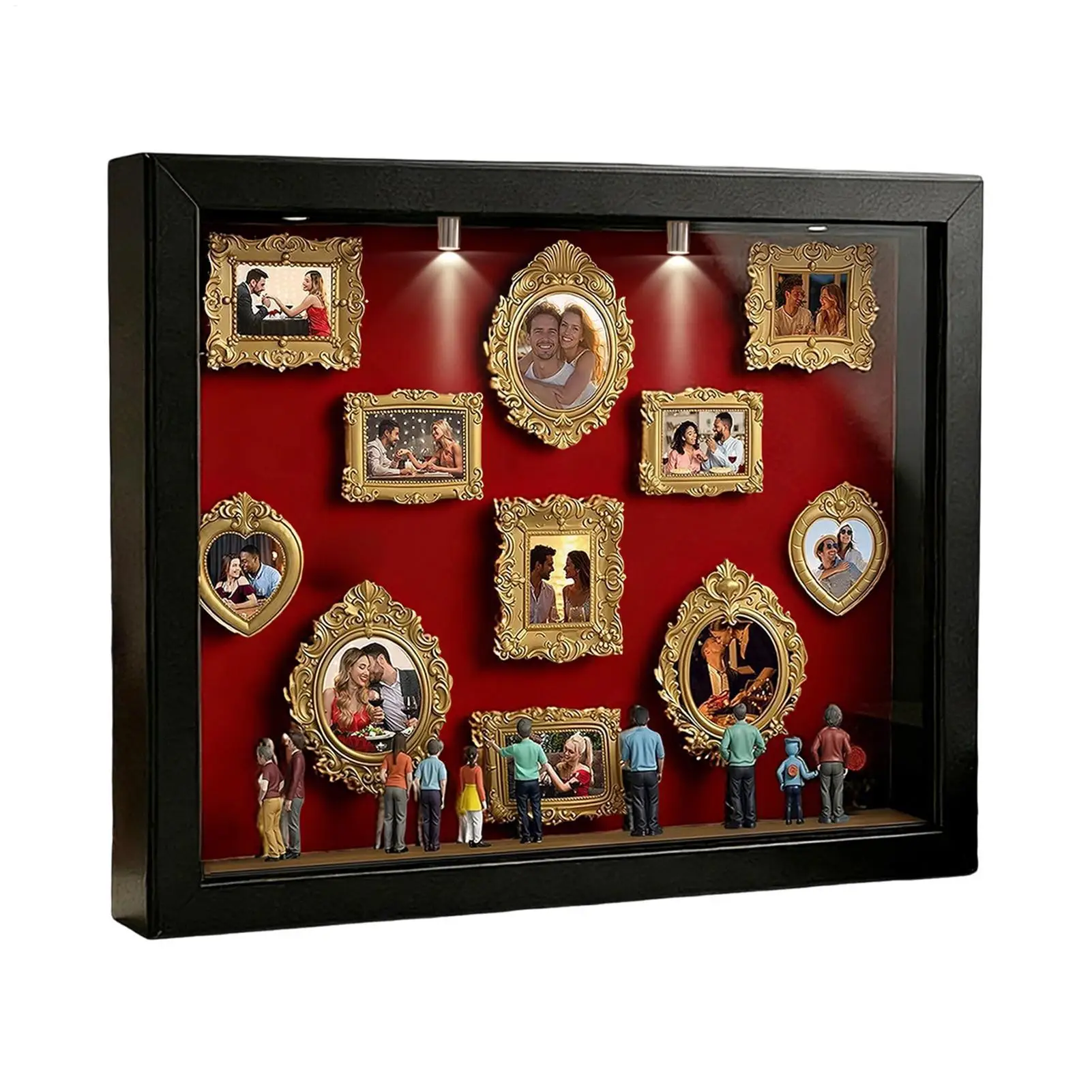 Silhouette Box Memory Silhouette Case with Light 11 Pieces Miniature Photo Frame with 8 Figurines for Tabletop Valentine's Day
