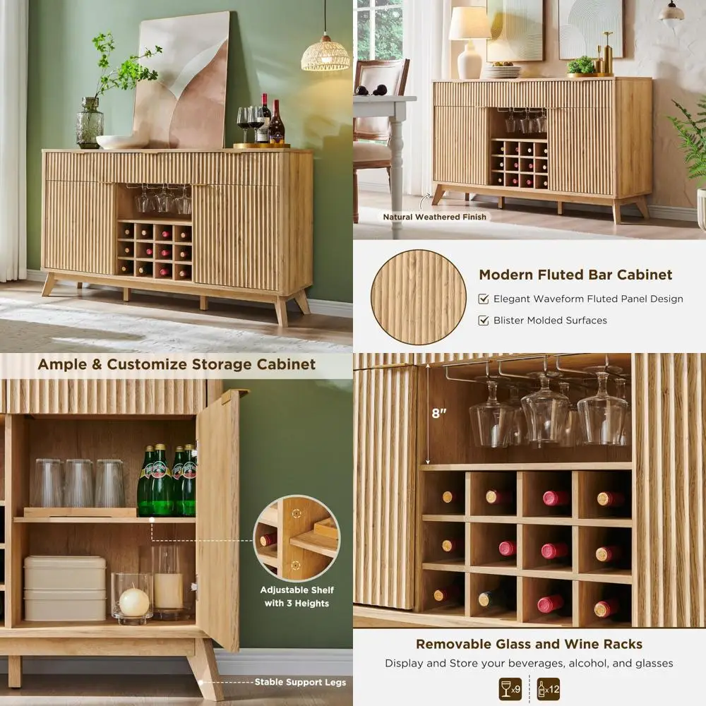 خادم بوفيه معاصر 60 بتصميم مخدد، يتميز بـ 3 أدراج وبابين لتخزين النبيذ ورفوف زجاجية #1