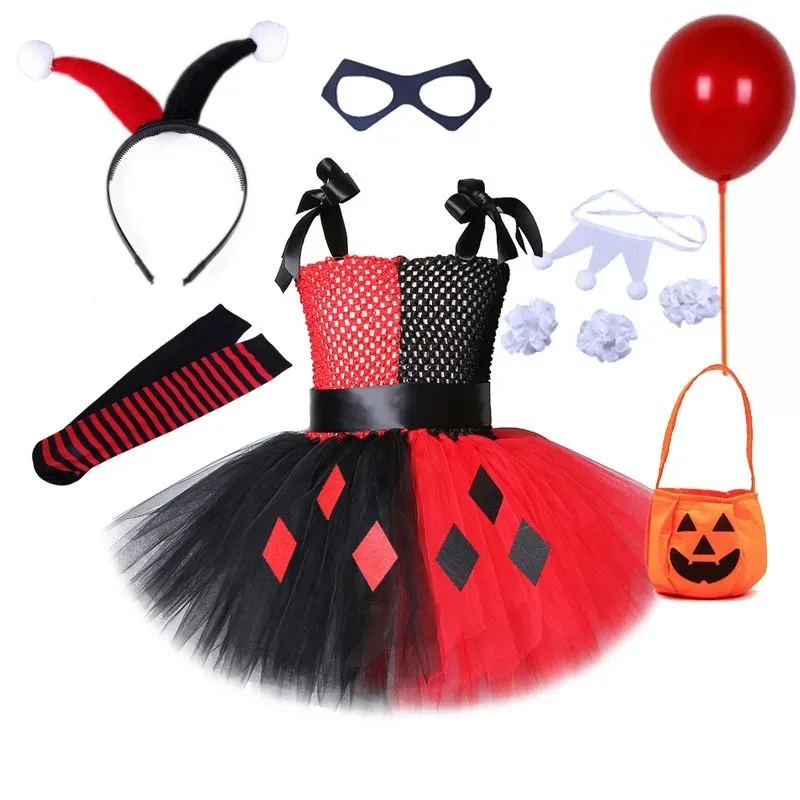 Nueva disfraz De payaso Joker para niñas, disfraz De Cruella De Vil para Halloween, disfraz De fantasía De villano, vestido elegante De lunares, vestido tutú De cumpleaños para niños
