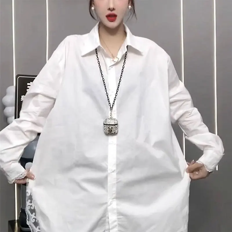 

Women's Clothing Stylish Lace Patchwork Korean Loose Single-breasted Midi Shirt New Office Lady Spring Autumn Solid Color Blouse