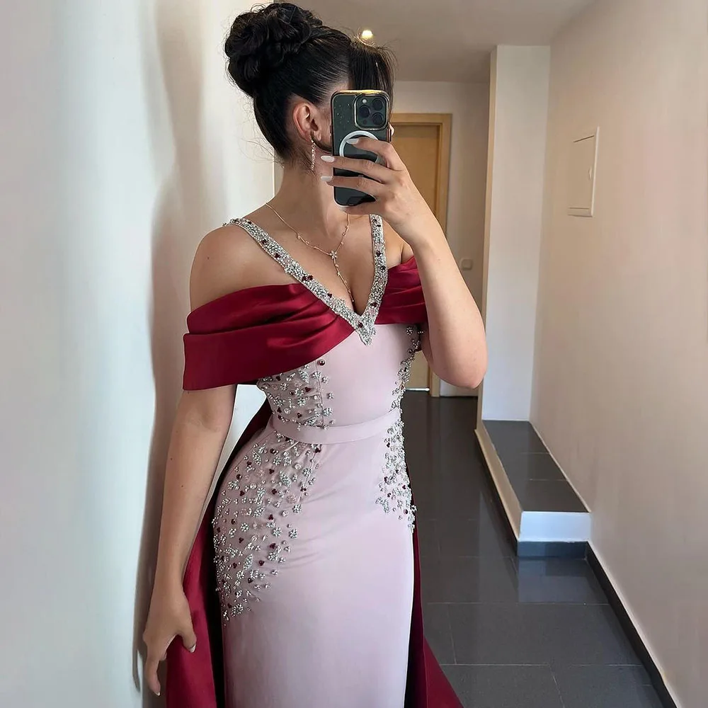 Serene Hill Pink Mermaid Elegant Evening Dresses Gowns 2024 Satin Beading Shawl Yarn For Women Wedding Party LA72121 Customized