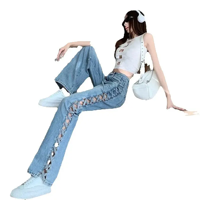 American Side Hollow High Waist Wide-Leg Jeans Summer New Niche Loose Straight Design Ins Trendy Floor Pants