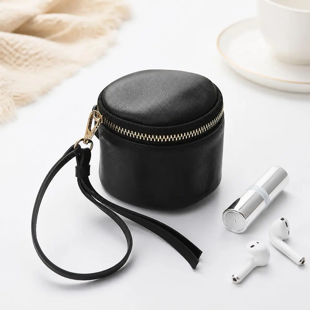 Vintage Leather Mini Coin Purse Zipper Closure Portable Earbuds Storage Pouch Round Shape Lipstick Storage Bag