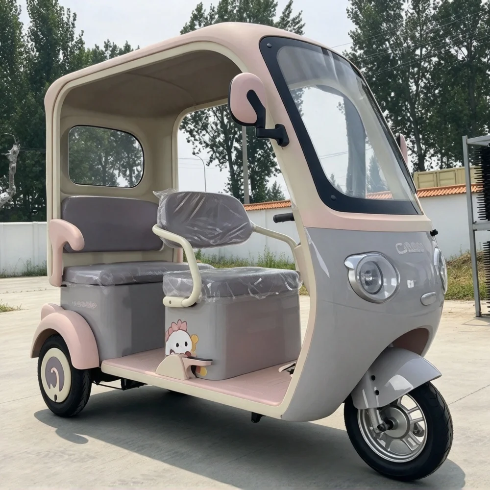 Three wheel electric tricycle with flip canopy, easy open close, sun rain protection, family school pick-up car