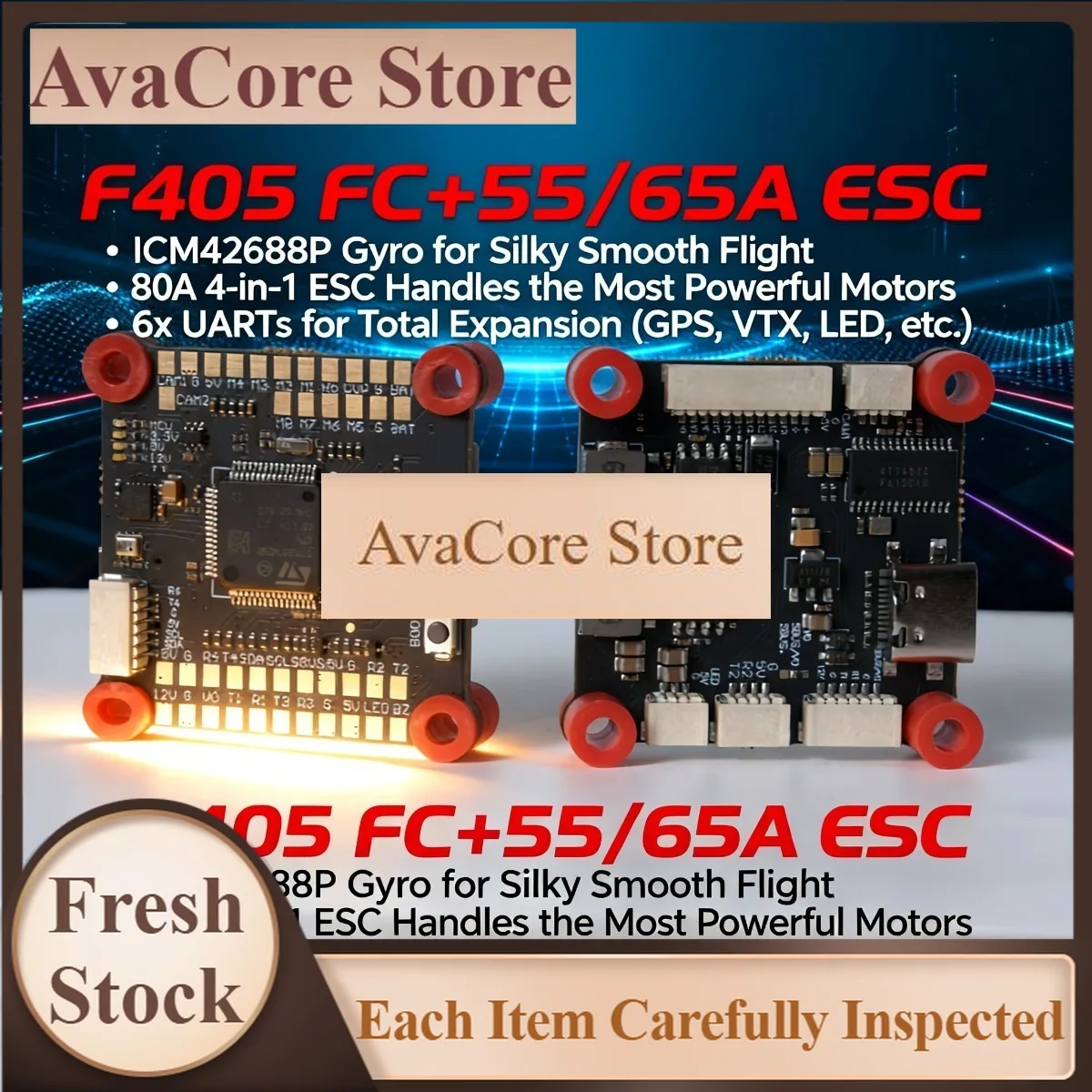 AvaCoreFlyWarp F405 Flight Controller Stack with 60A 4in1 ESC, ICM42688P Gyro,, for Betaflight iNAV, 30.5x30.5mm 6-8S FPV Racing