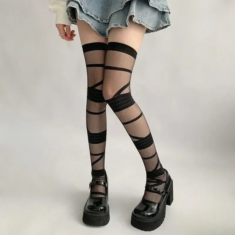 Ultra-Thin Sheer Thigh-High Socks for Women Striped Cross-Strap Design Women Stockings Gothic Punk Bandage Thigh High Socks