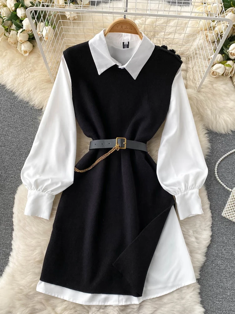 FTLZZ Autumn Winter Women Two Piece Sets Notched Collar Puff Sleeve Shirt Tops and Sleeveless Knitted Dress with Belt Lady Suits