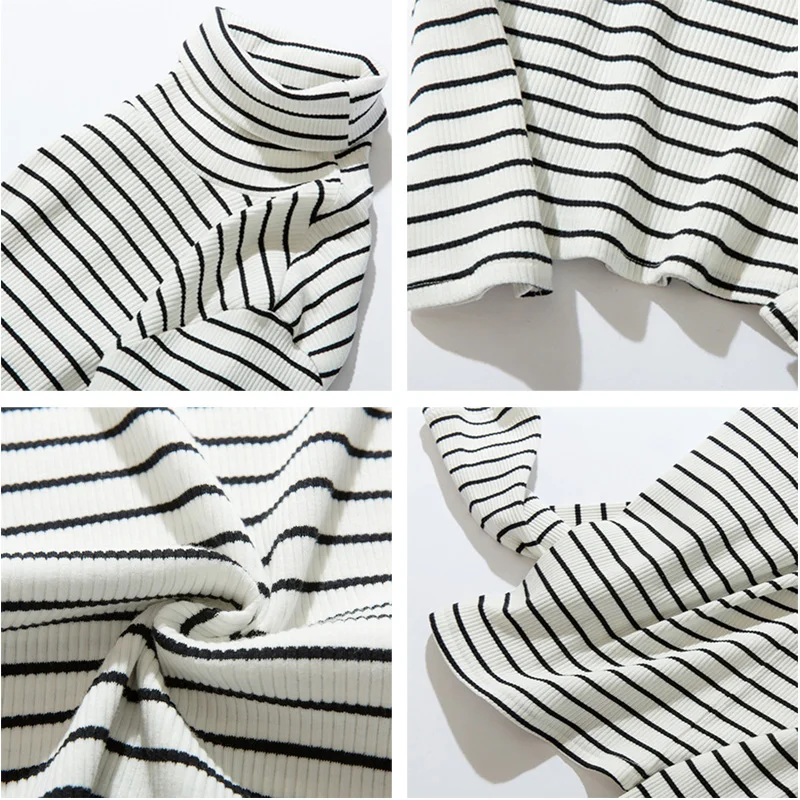 Spring Men\'s Retro Striped Turtleneck T-shirts Long Sleeve Loose Pullover T-shirt Base Tee Tops Man Clothing