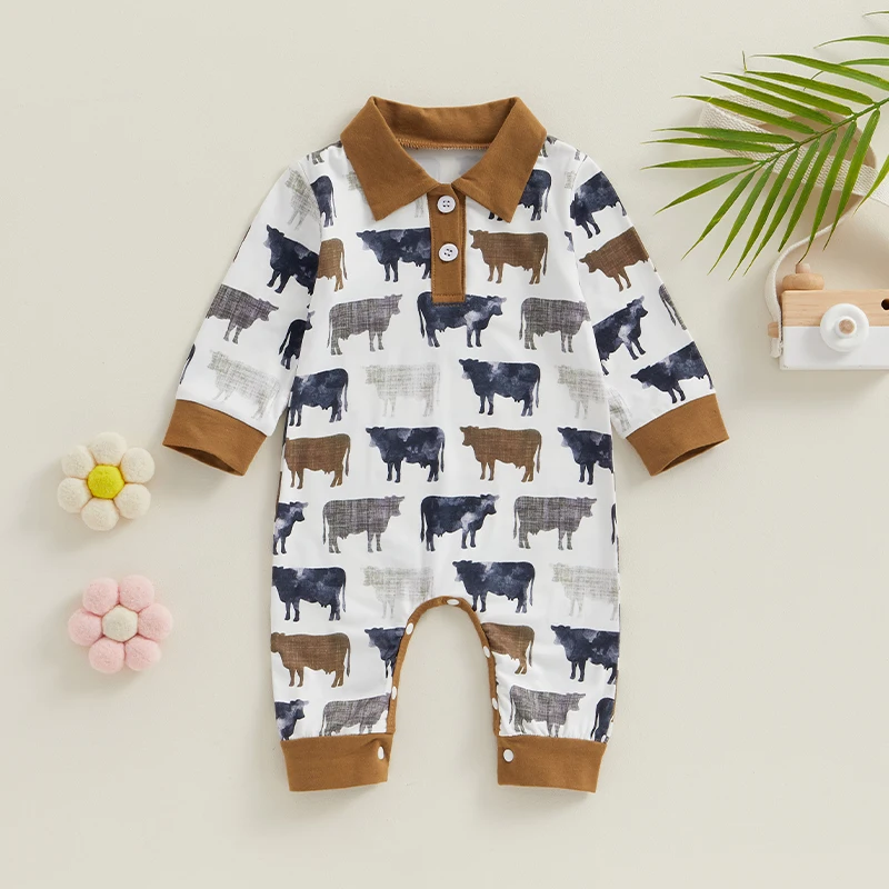 

Baby Boys Long Sleeve Rompers Infant Cow Print Long Sleeve Button Down Bodysuit Newborn Lapel Jumpsuits for Winter