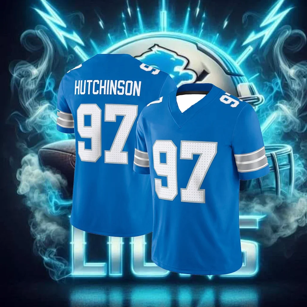 

Новинка 2025 года, мужская футболка, трикотажная футболка для американского футбола, футболка с 3D принтом, Лев No. Спортивная футболка из футбольного джерси 97.