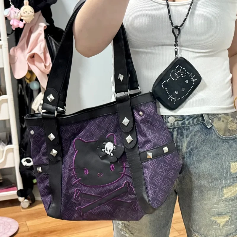 Kawaii مرحبا كيتي سانريو الإبط حقيبة أنيمي الشكل الأرجواني Y2K فتاة حقائب حقيبة يد للسفر سعة كبيرة تخزين امرأة هدية عيد ميلاد