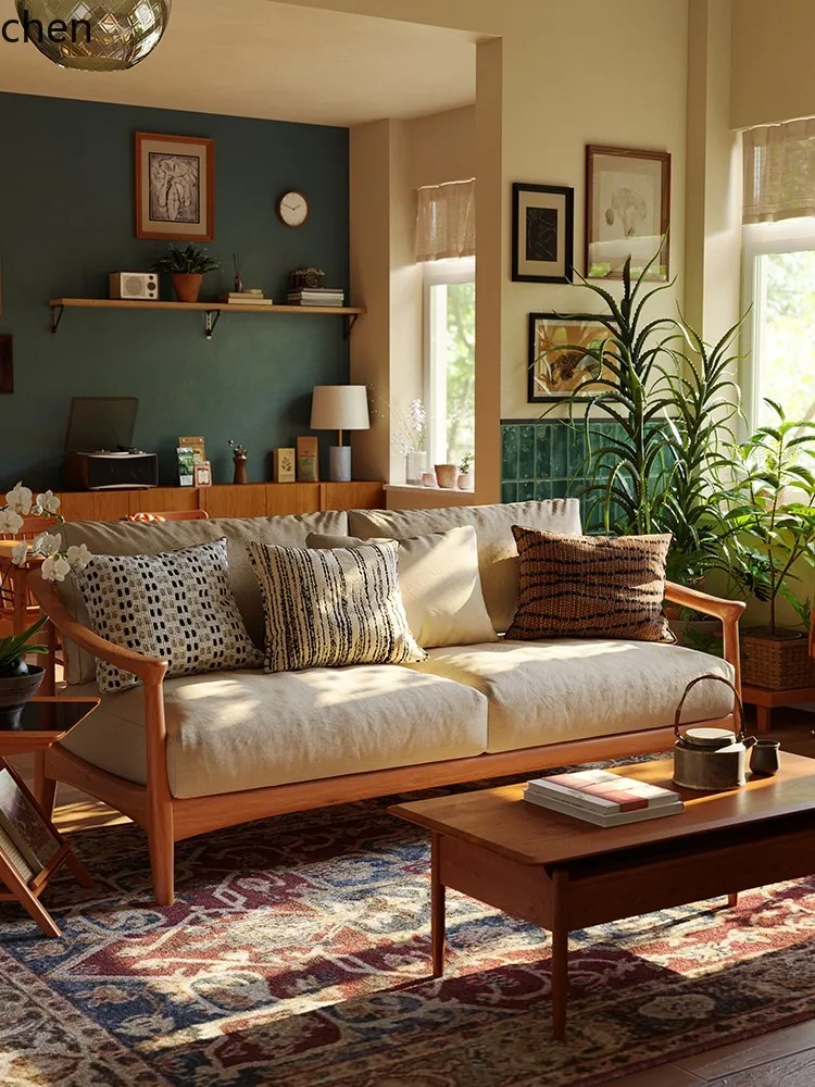 

ZML Fabric Sofa Small Apartment Living Room Solid Wood Sofa Simple Natural Wood Three-Seater Sofa