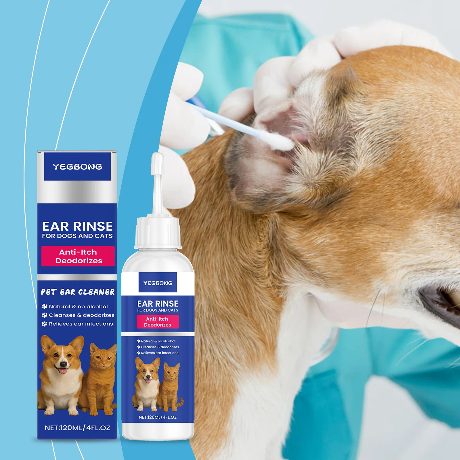 Pet Ear Cleaner For Dogs & Cats, Gentle Ear Care Solution Helps Remove Wax & Odor Cleansing Dirt Soothing Pet Ear Care Sol 120ML
