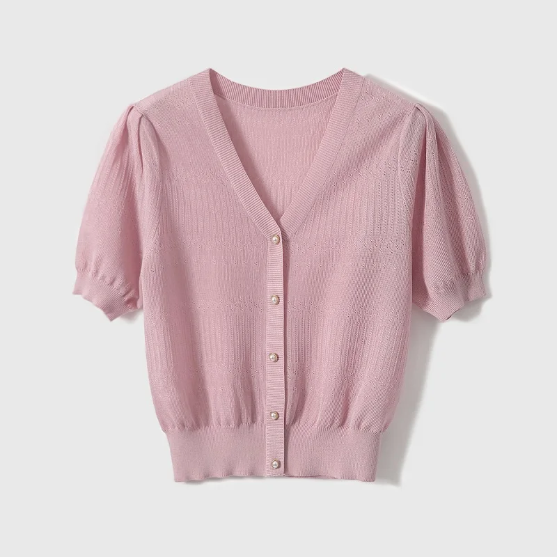 TuangBiang Female Summer 2023 Hollow Out Delicate Button Pullovers V-Neck Knit Short Sleeves T-Shirts Women Thin Loose Pink Tops