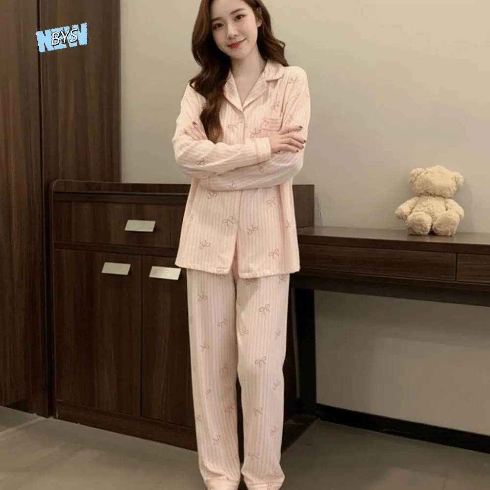 

Свободный пижамный комплект в полоску с бантом, свободные пижамы в корейском стиле с длинными рукавами, домашняя одежда, повседневная домашняя одежда из двух предметов