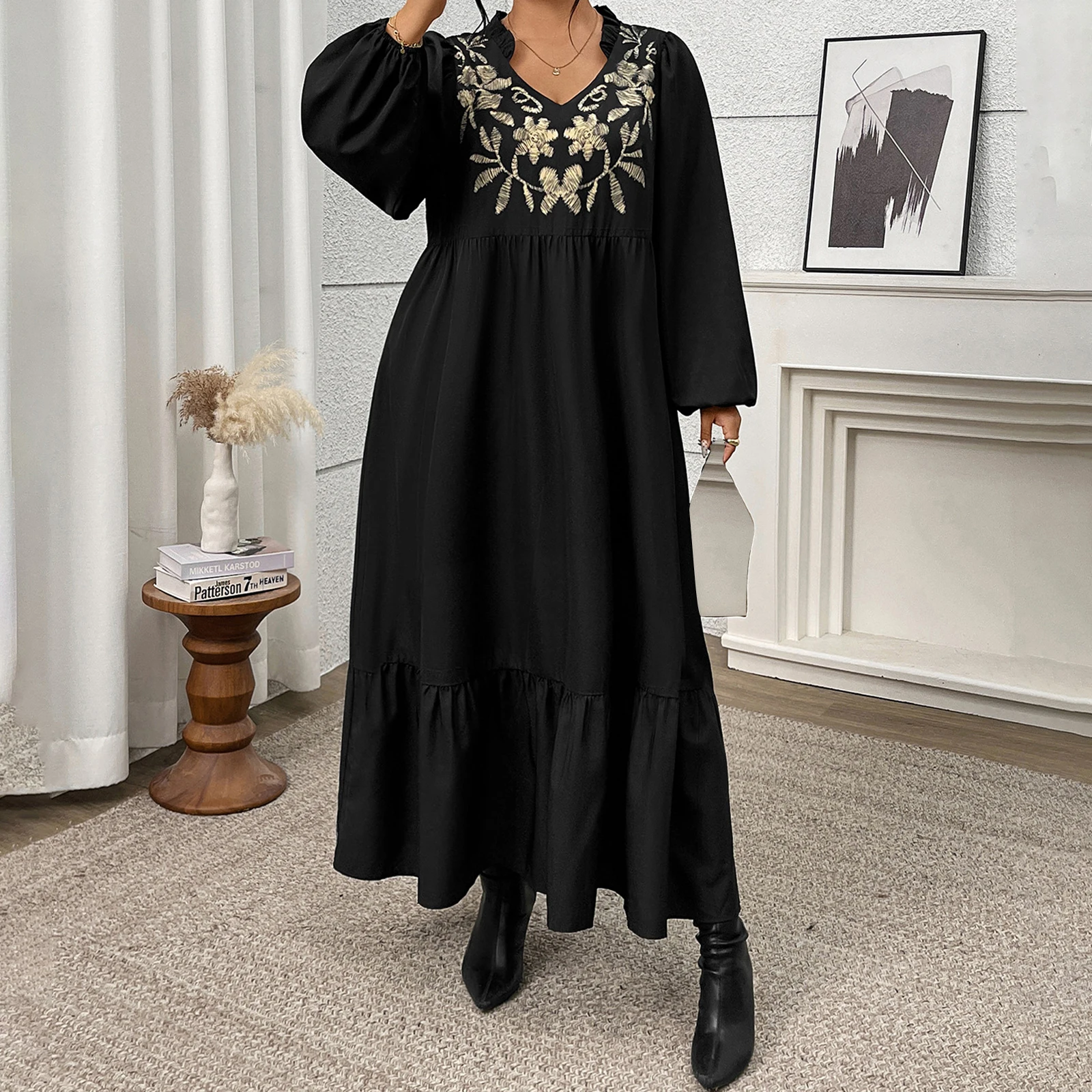 Vestido Floral de talla grande para mujer, vestidos largos holgados informales a la moda con dobladillo con volantes y manga larga, primavera 2026