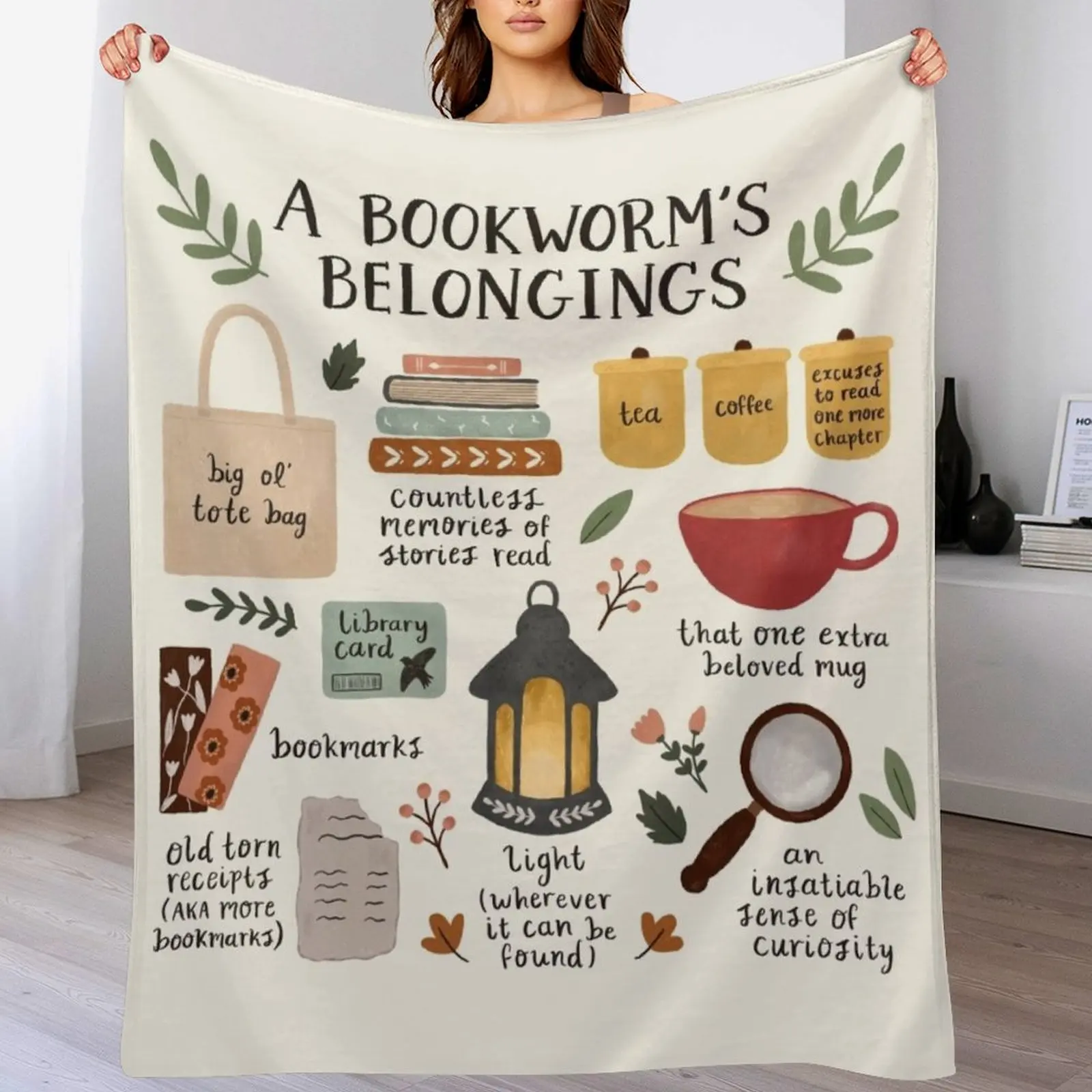 

A Bookworm's Belongings Throw Blanket Decorative Soft Throw Blanket for Couch Sofa