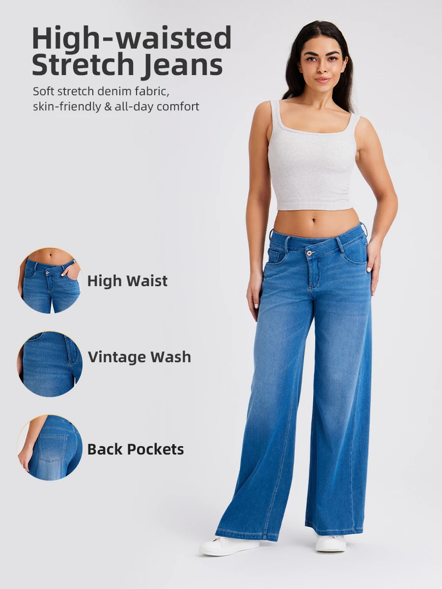 Muyafei Women’s Wide Leg Jeans Crossover Waist High Rise Stretch Denim Loose Fit Casual Vintage Streetwear Fashion Trendy Daily