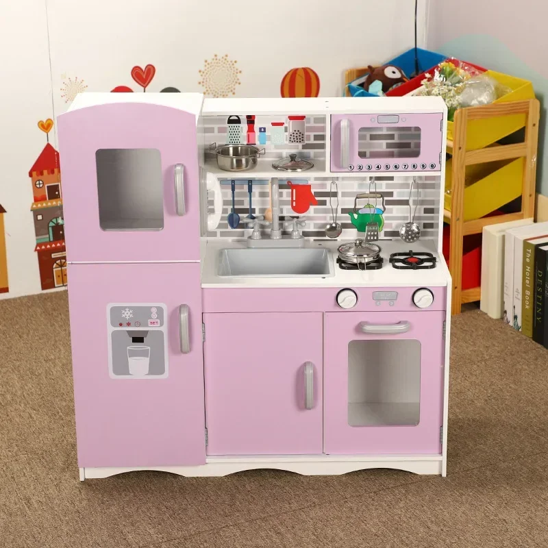 Simulation wooden Large Multifunction Purple kitchen Refrigerator Oven Gas Stove Kitchenware sets play house cooking toy gift