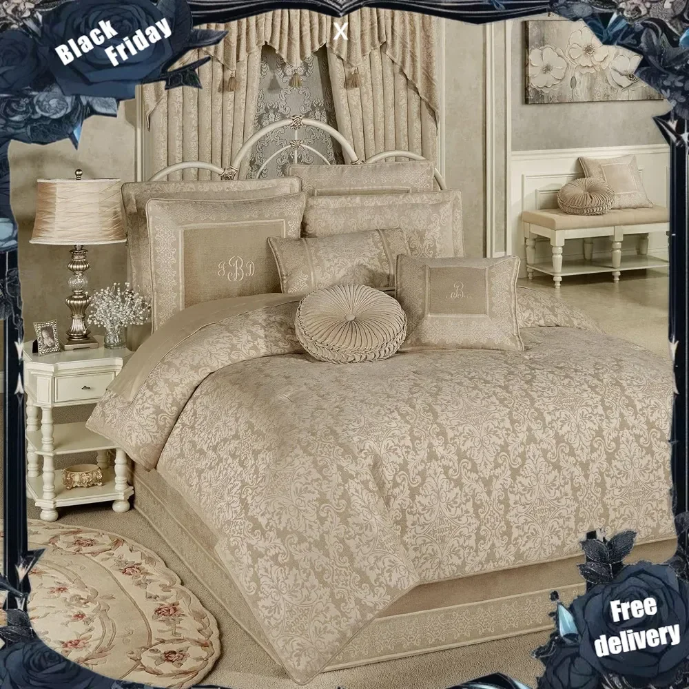 Traditional Grandview Jacquard Woven Damask Champagne Chenille Oversized Comforter Set Cal King