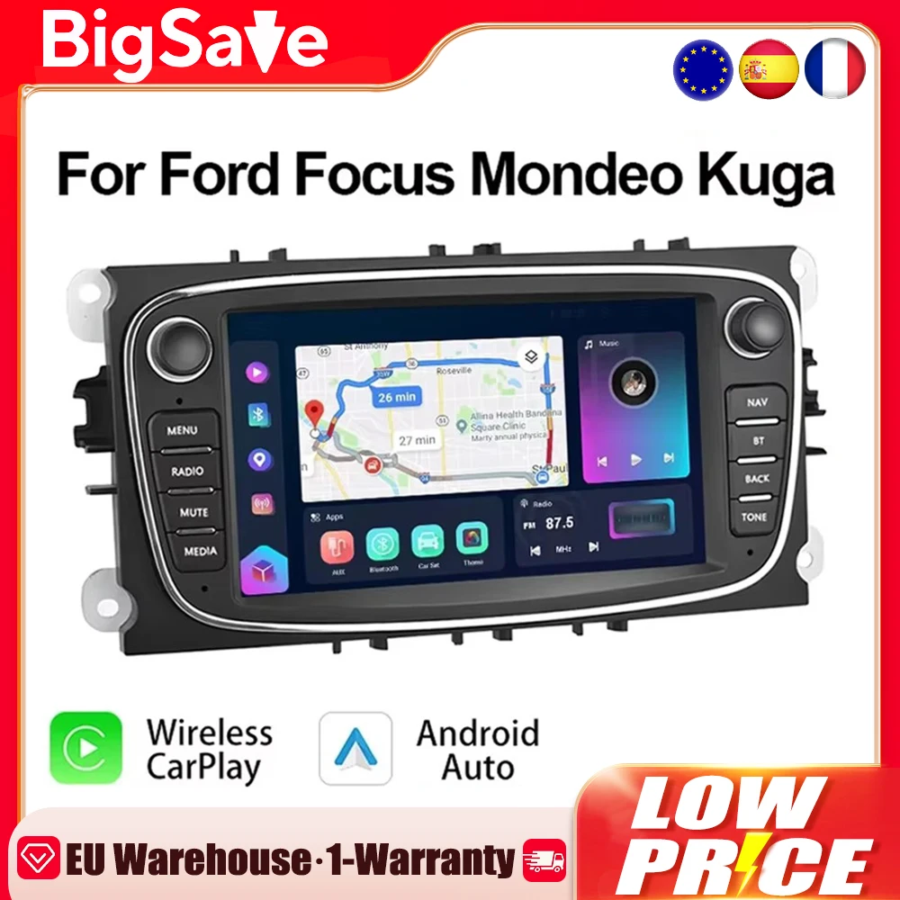 Podofo 4G CarPlay Android Radio Car Multimedia Player For Ford Focus S-Max Mondeo Galaxy Kuga Autoradio 2din GPS HiFi Head Unit