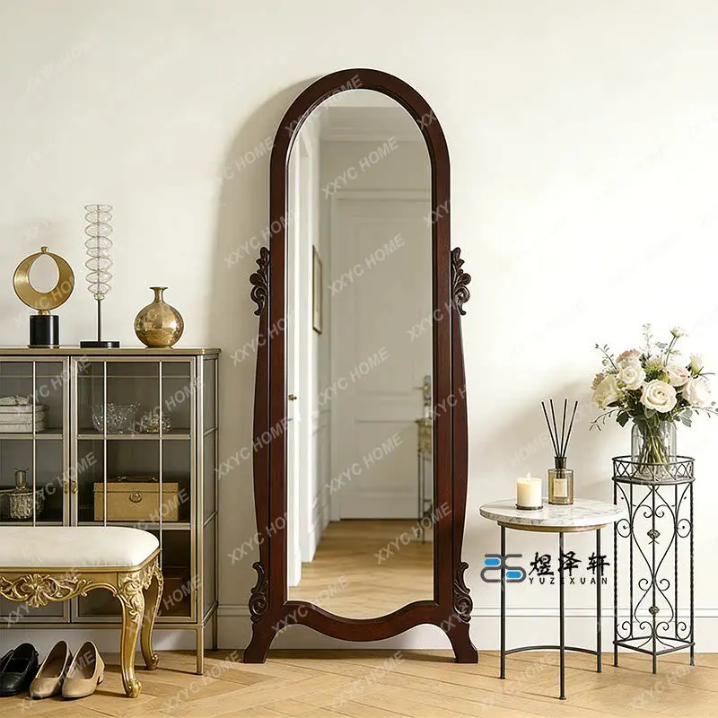 

arched floor-to-ceiling full-length mirror household bedroom antique full-length mirror retro carving
