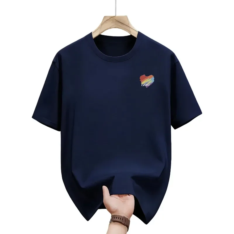 Men's summer fashion, casual, loose, sporty, bright color heart-shaped printed round-neck short-sleeved T-shirt top