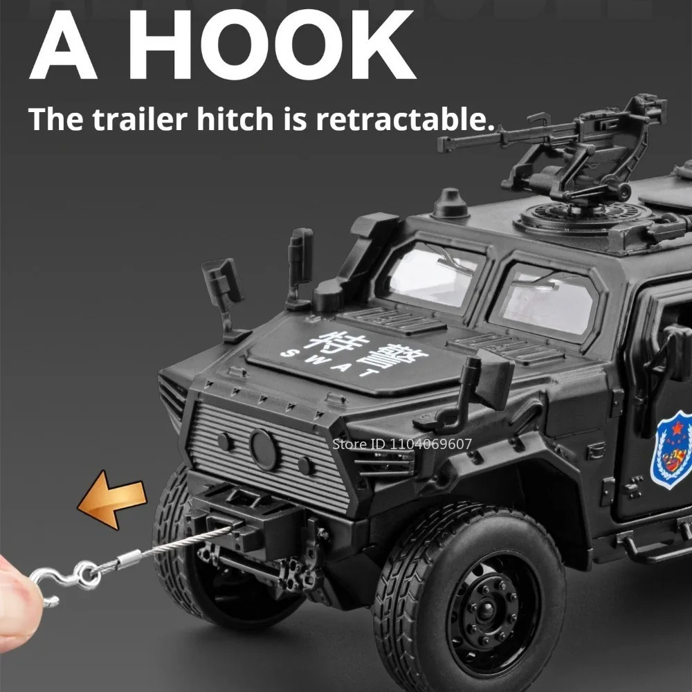1:32 MengShi Sabertooth Armored Police Car Model Toys Metal Diecast Sound Light Doors Opened Pull Back Toy Off-road Vehicles