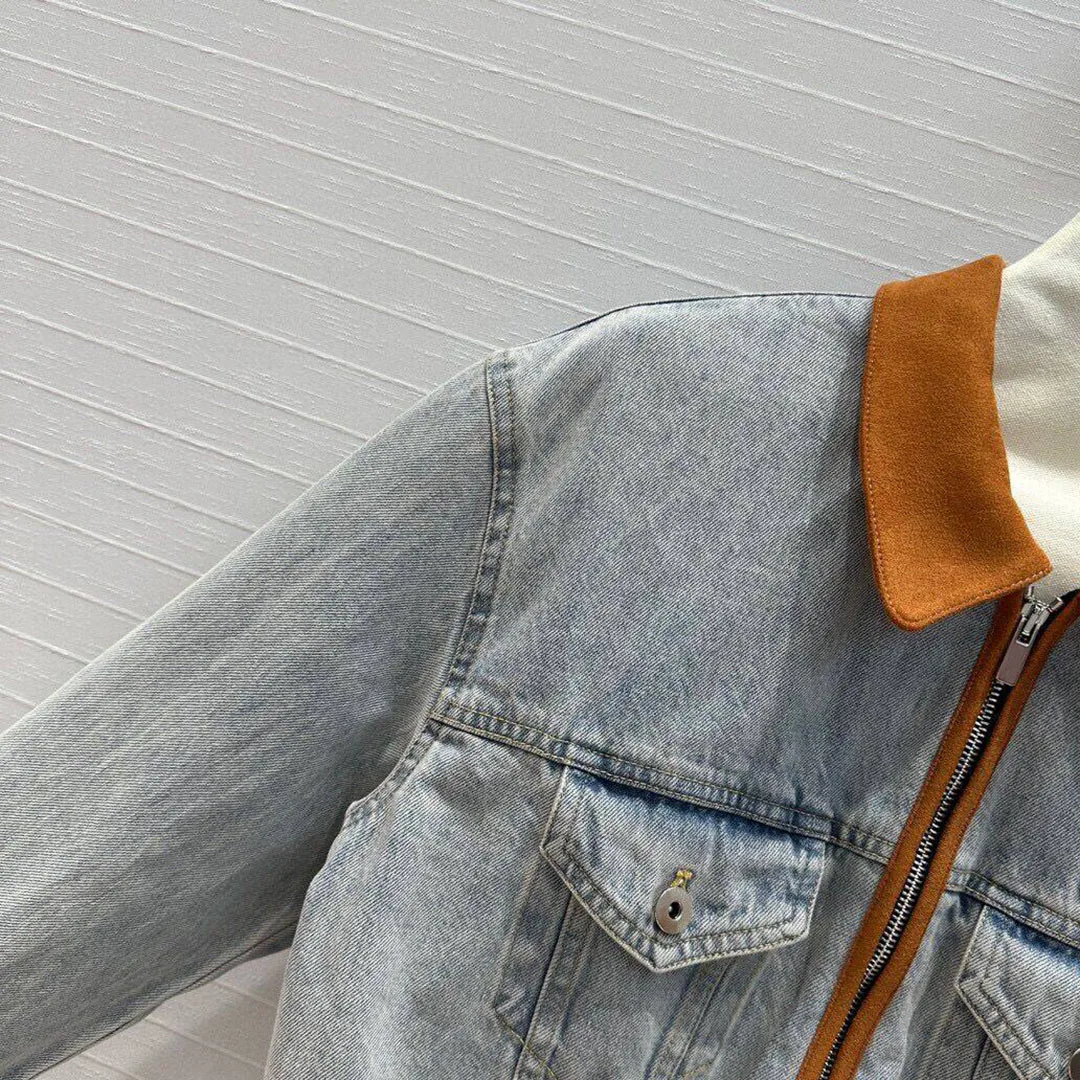 2024 New Autumn Fashion Suede Leather Trimmed Washed Denim Short Design Jacket Women Lapel Zipper Long Sleeve Pockets Retro Coat