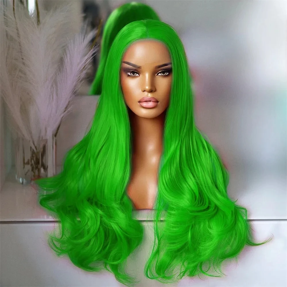 ZXBMALWIGS Green Red 13x4 Synthetic Hair Glueless Lace Front Wigs For Women Body Wave  Lace Frontal Wig Fiber Cosplay Daily