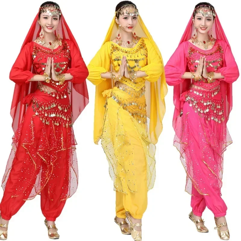 Adult Shiny Belly Dance Outfit Women Sequin Top+Pants Costume Set Lady Oriental Indian Dance Arabian Princess Clothes Outfit Set
