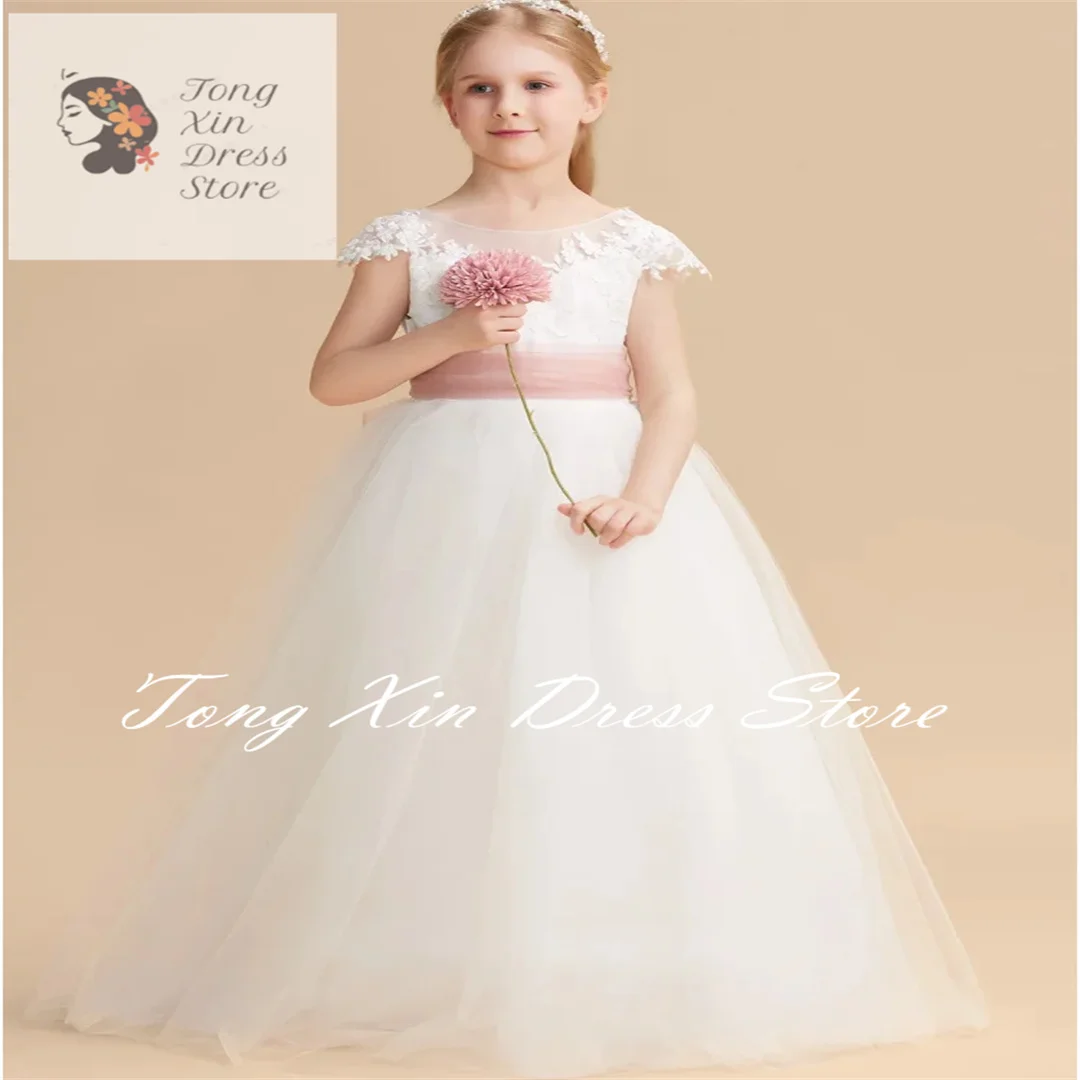 White Flower Girl Dresses Tulle Appliques With Pink Bow Ribbon Sleeveless For Wedding Birthday Party Banquet Princess Gowns