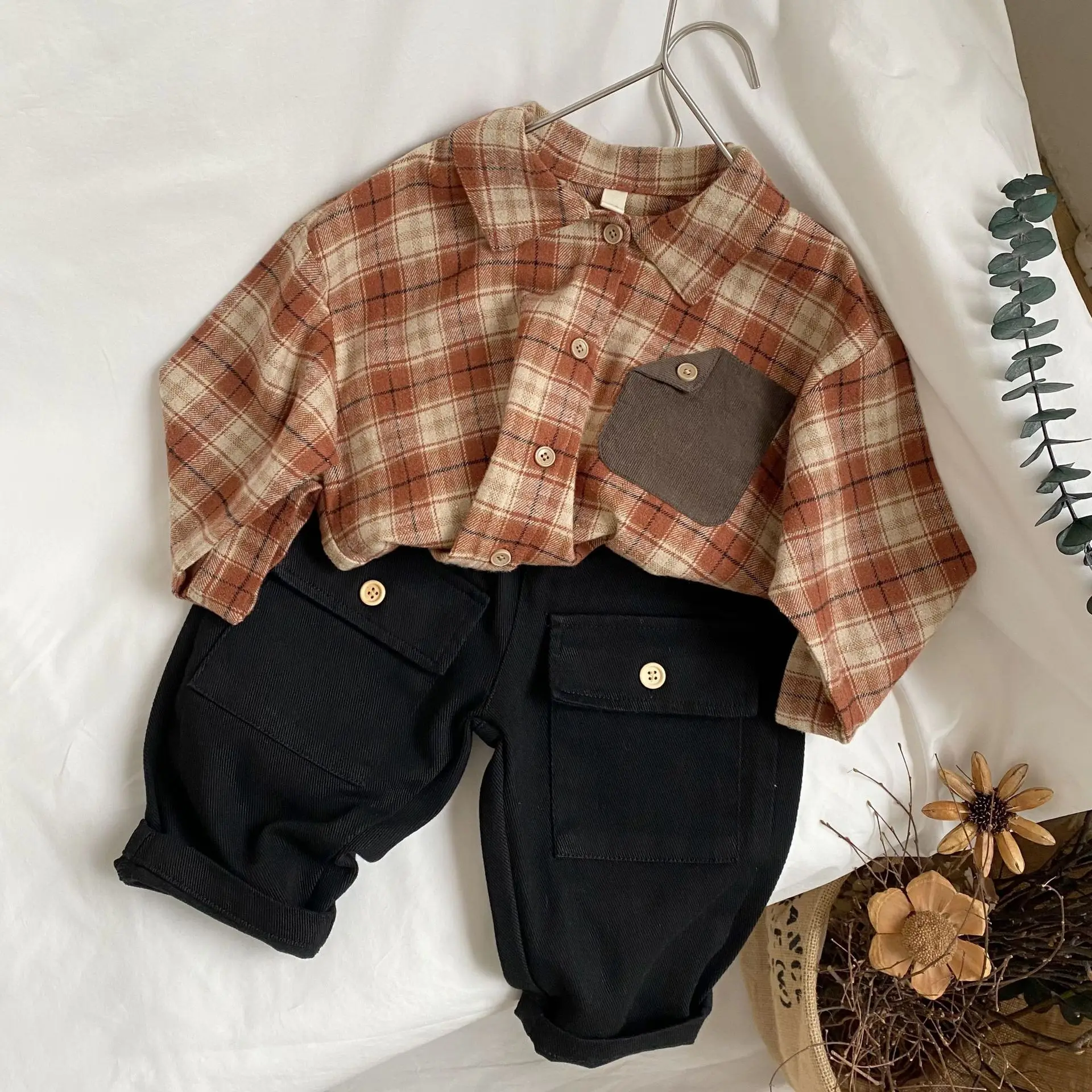 2024 Spring New Baby Retro Pocket Long Sleeves Shirt Girl Children Plaid Casual Blouses Kids Boys Lapel Cotton Thin Coat Clothes