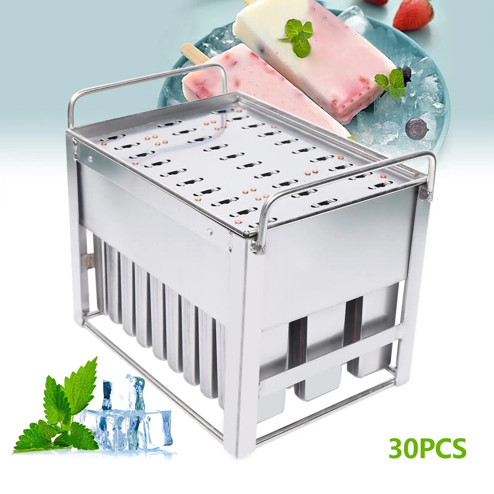 30 Pcs Ice Cream Stainless Steel Molds Ice Pop Lolly Popsicle Stick Holder Maker Tray Frozen Homemade DIY