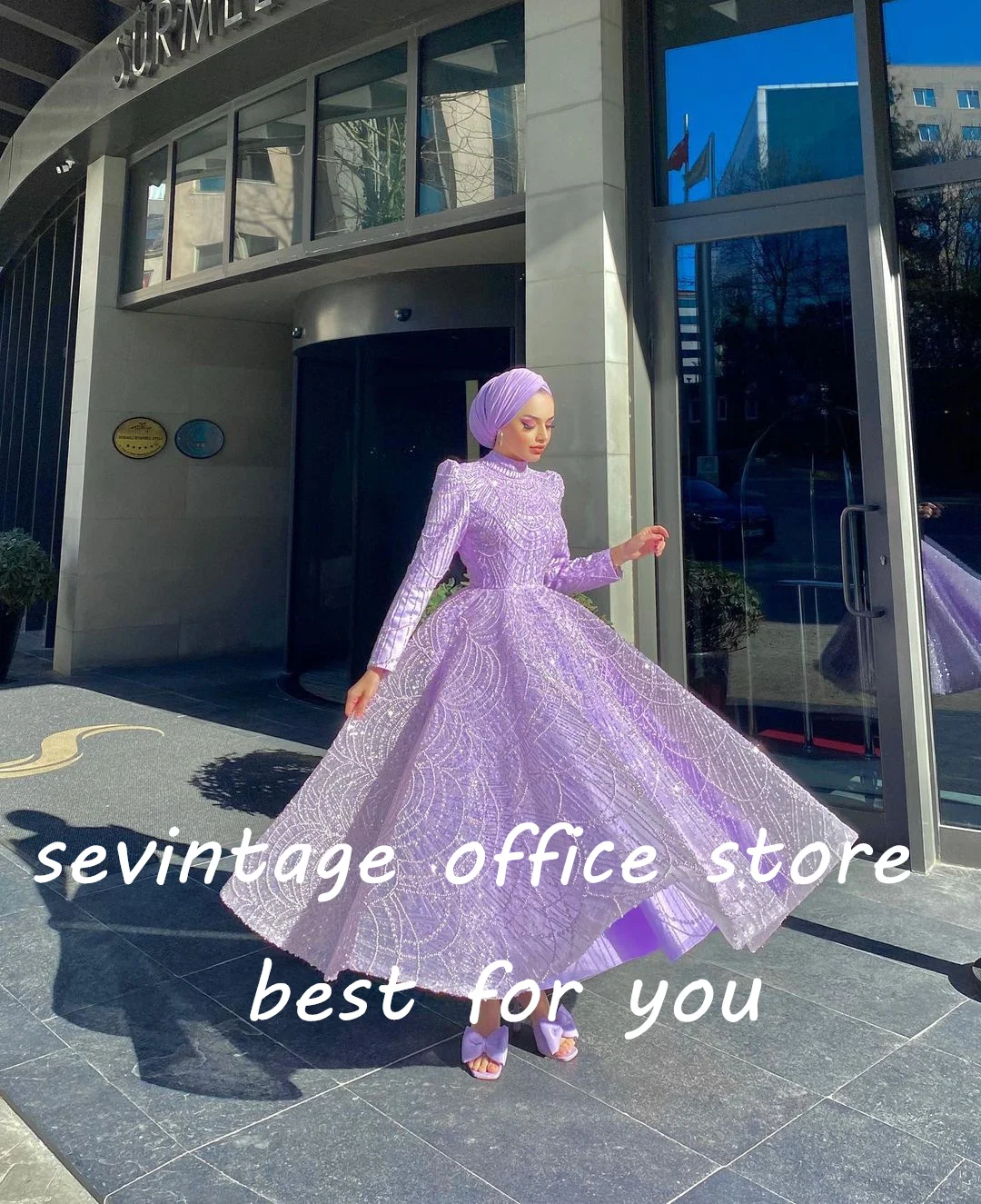 Sevintage Modest Lilac Prom Dresses Sequined Crystal Beading Pearls Long Sleeves High-Neck A-Line Arabic Muslim Evening Gowns