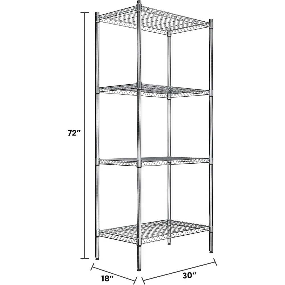 Verstelbare draadrek met 4 planken, 300 lb. Laadvermogen per plank, 72 H x 30 B x 18 D, verchroomd